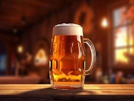 Foamy beer in large glass mug stands in local bar on Oktoberfest, Ai generated photo