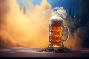 Foamy beer in large glass mug stands in local bar on Oktoberfest, Ai generated photo