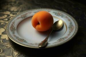 Juicy delicious apricot lies on a beautiful plate, Ai generated photo