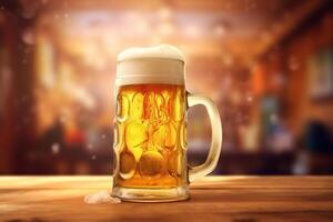 Foamy beer in large glass mug stands in local bar on Oktoberfest, photo