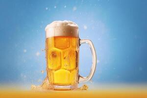 Foamy beer in large glass mug stands in local bar on Oktoberfest, Ai generated photo