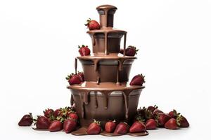 Chocolate fountain on a white background. Generative AI. photo