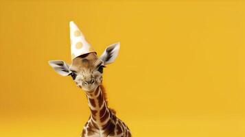 Giraffe in birthday cap. Generative AI. photo