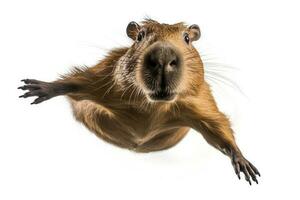 Capybara flying in the air. Generative AI. photo