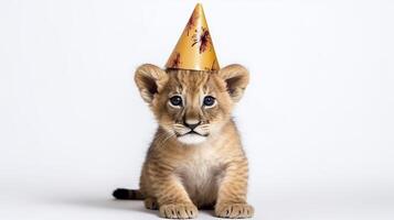 león cachorro en cumpleaños gorra. generativo ai. foto