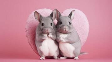 Two chinchillas on the background of the heart. Generative AI. photo