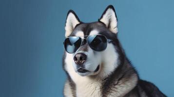 Banner with malamute in sunglasses. Copy space. Generative AI. photo