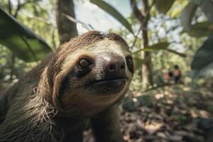 A cute sloth is hanging on a branch. . photo