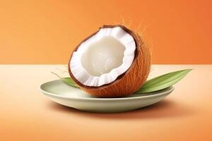 Juicy delicious coconut lies on a beautiful plate, Ai generated photo