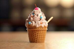 Delicious beautiful ice cream on bright background, Ai generated photo