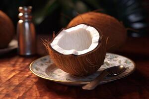 Juicy delicious coconut lies on a beautiful plate, Ai generated photo