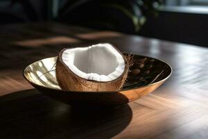 Juicy delicious coconut lies on a beautiful plate, Ai generated photo