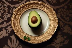 Juicy delicious avocado lies on a beautiful plate, Ai generated photo