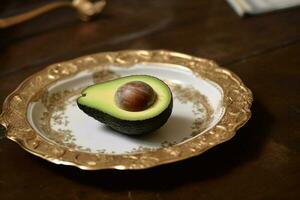 Juicy delicious avocado lies on a beautiful plate, Ai generated photo