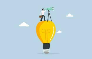 Searching for innovation or creativity, finding new idea to grow business, new solution for marketing concept, Businessman looking through telescope on light bulb. vector