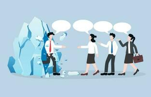 Breaking the ice, warm and friendly greeting, business meeting with positive atmosphere concept, Businessman breaking through ice to have conversation with new colleagues. vector