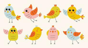 Collection of cute colorful hand drawn birds. Cartoon funny animals in flat style. Vector illustration.