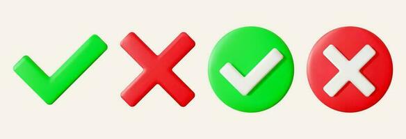 Set of realistic 3D green check mark and red cross. Right and wrong circle buttons. vector