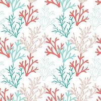 Red, pink and mint corals on a white background. Vector seamless pattern with tropical reef. Sea doodles
