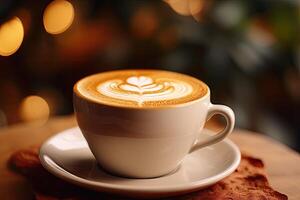 coffee latte art in a beautiful foamy white coffee cup bokeh background photo