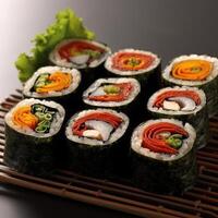 Various photos of Kimbap and Sushi food from South Korea and Japan.