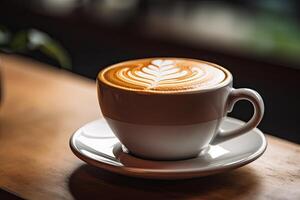 coffee latte art in a beautiful foamy white coffee cup bokeh background photo