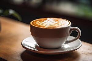 ai generated coffee latte art in a beautiful foamy white coffee cup bokeh background photo