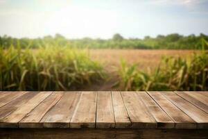 ai generated image of empty wooden table backgroundRusticBlurred Grassland photo