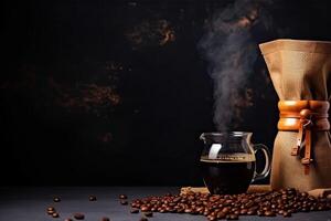 ai generated background banner image Drip coffee in a container and coffee beans have a light smoke. photo