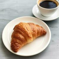 AI Generated Breakfast image of croissant bread and hot black coffee in the morning atmosphere. photo