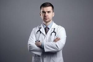 Portrait of confident male doctor in white coat and stethoscope standing with arms crossed and looking at camera photo