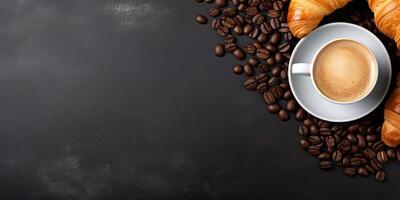 banners for background with coffee and coffee beans on croissants and baked bread. Free space for text. photo