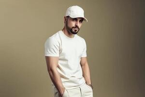 Handsome young man in white cap and t-shirt posing on solid background photo