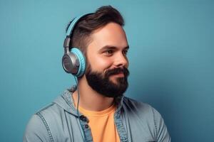 Portrait of a young man listening to music with headphones on a solid background photo