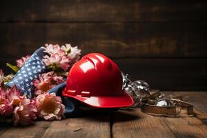 Helmet, glasses and a bouquet of flowers on a wooden background labor day concept Ai generative photo