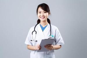 Portrait of a smiling female nurse with stethoscope and clipboard photo