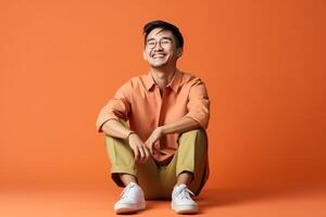 Portrait of a happy young man sitting on the floor over solid background photo