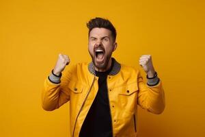 Excited young man celebrating success on orange background photo