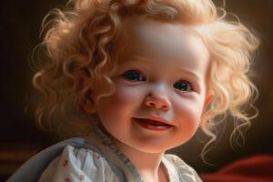 ai generativo retrato de un linda pequeño niña con rubio Rizado pelo foto
