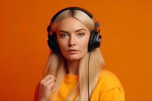 Beautiful young woman with headphones listening to music on orange background. photo