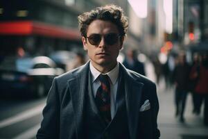 Portrait of a handsome young man in a business suit on the street photo