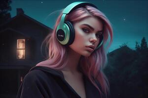 Portrait of a beautiful girl with pink hair listening to music in headphones. photo