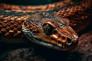 Close-up of the head of a water snake in the rain dark background 3d illustration Ai generative photo