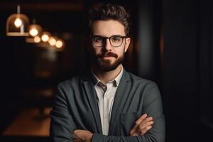 Portrait of handsome businessman with crossed arms smiling at camera in office photo