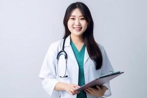 Portrait of a smiling female nurse with stethoscope and clipboard photo