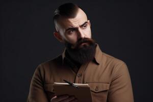 Portrait of a bearded man with a book in his hands on a dark background photo