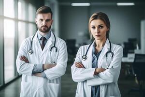 Portrait of confident doctors standing with crossed arms in modern hospital corridor photo