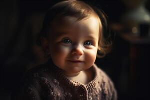 Portrait of a cute little baby at home in the evening photo