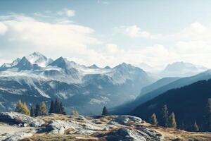 ai generado alto montaña paisaje imágenes cubierto con nieve y nubes foto