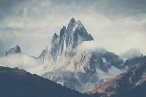 ai generado alto montaña paisaje imágenes cubierto con nieve y nubes foto